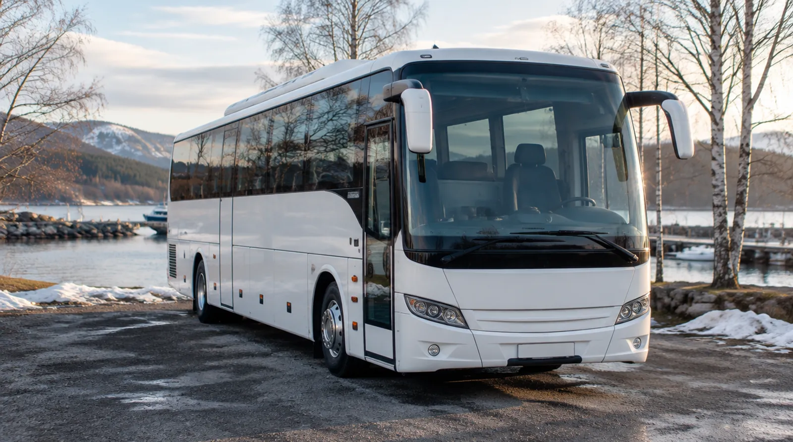 Vit turistbuss parkerad vid en hamn en vårdag med snörester på marken