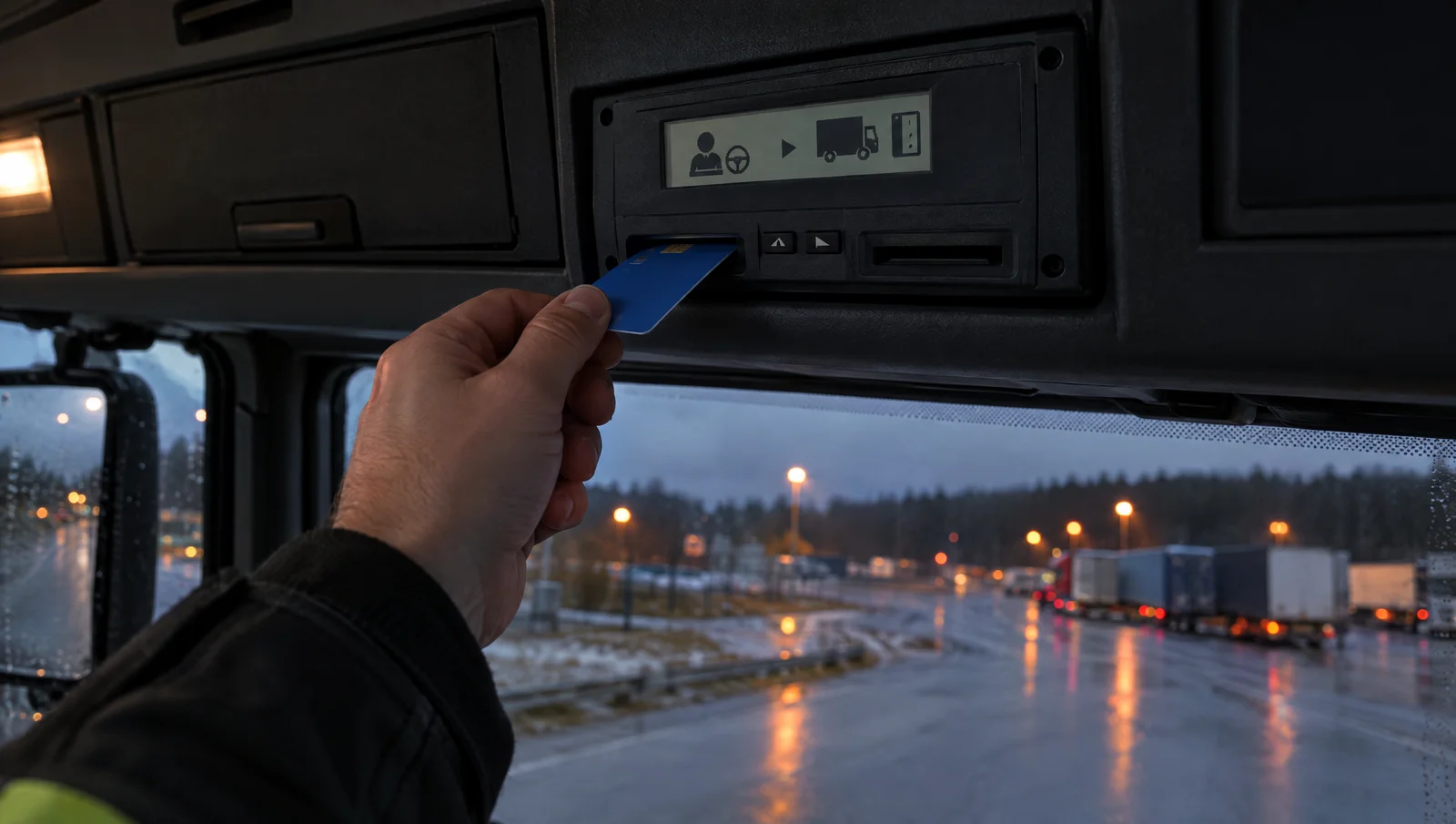 Förare sätter in sitt förarkort i färdskrivaren i lastbilshyttens takkonsol, rastplats i regn utanför vindrutan