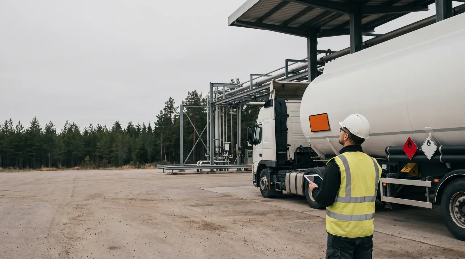 Säkerhetsrådgivare i hjälm och varselväst med en surfplatta bredvid en tankbil med orange skylt och etiketter för brandfarligt gods