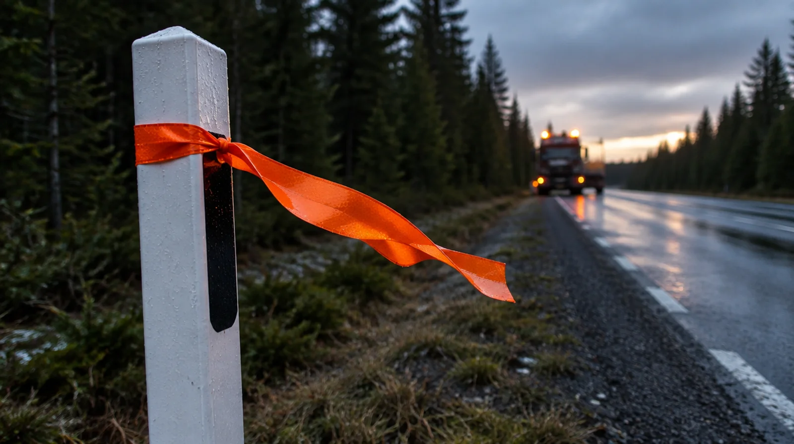 Ett orange band knutet runt en kantstolpe vid en skogsväg i skymningen, med en lastbil på avstånd