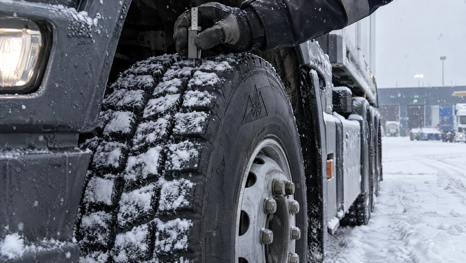 Mönsterdjupet mäts på ett snötäckt vinterdäck med alptopp och snöflinga på en lastbils framhjul