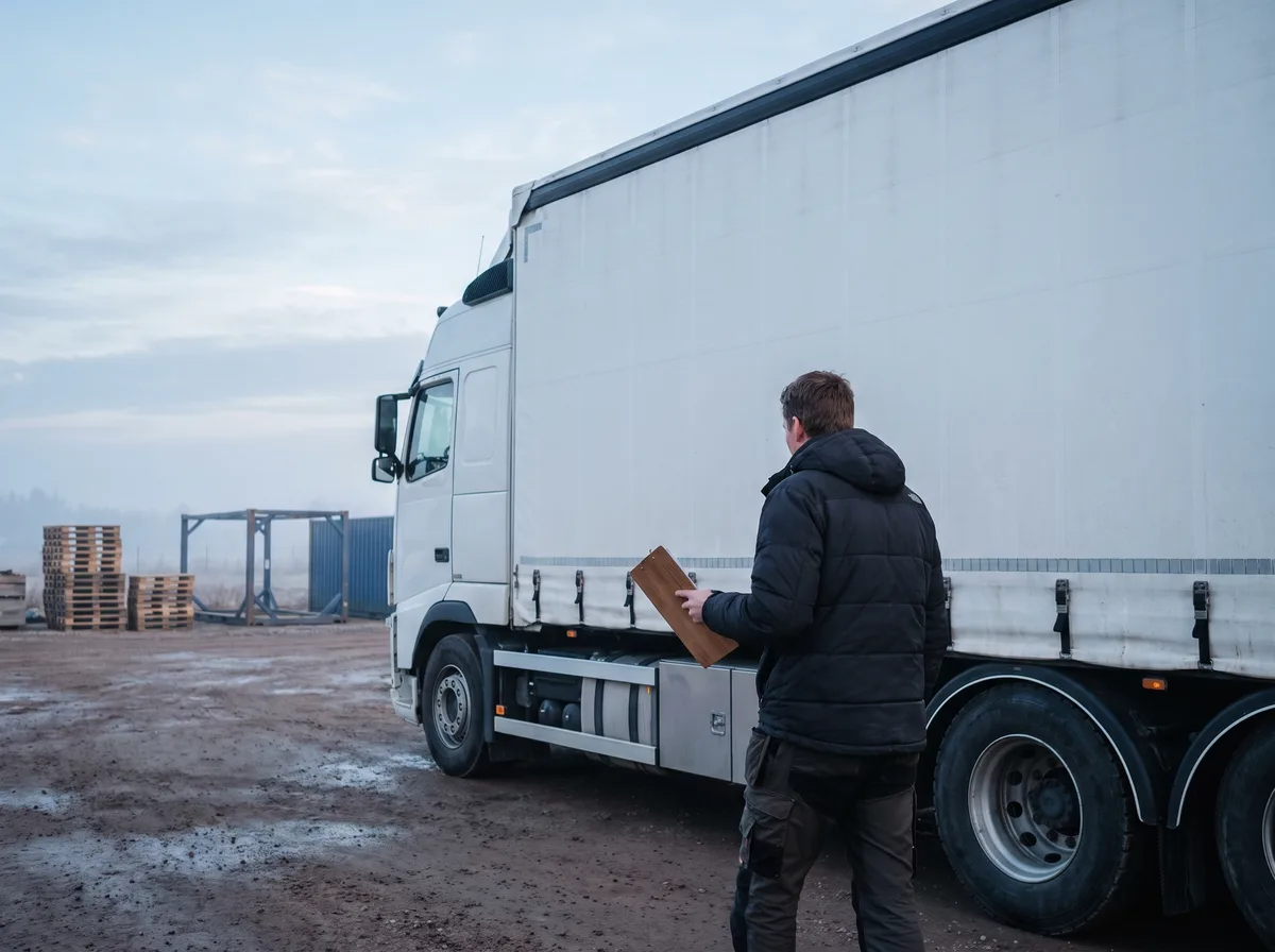 Trafikansvarig konsult går längs en lastbil med trailer