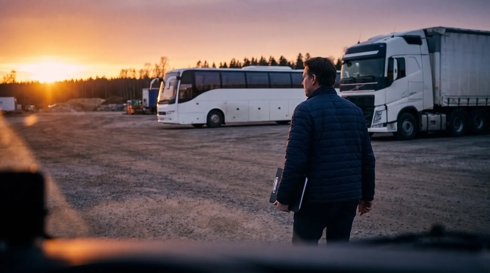 Trafikansvarig konsult på väg mot en buss och en lastbil på ett transportföretags gård