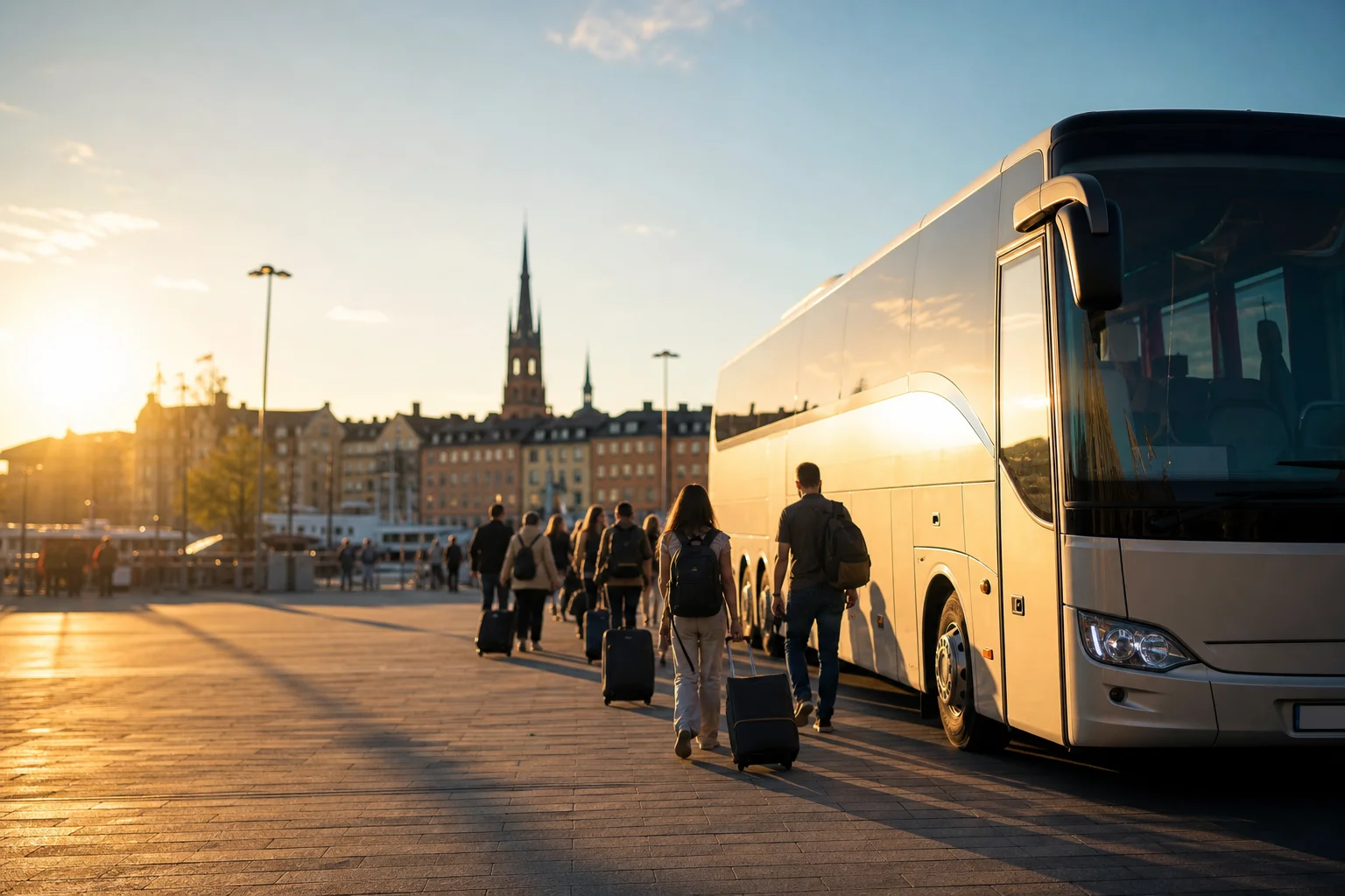 Resenärer med väskor på väg mot en väntande turistbuss