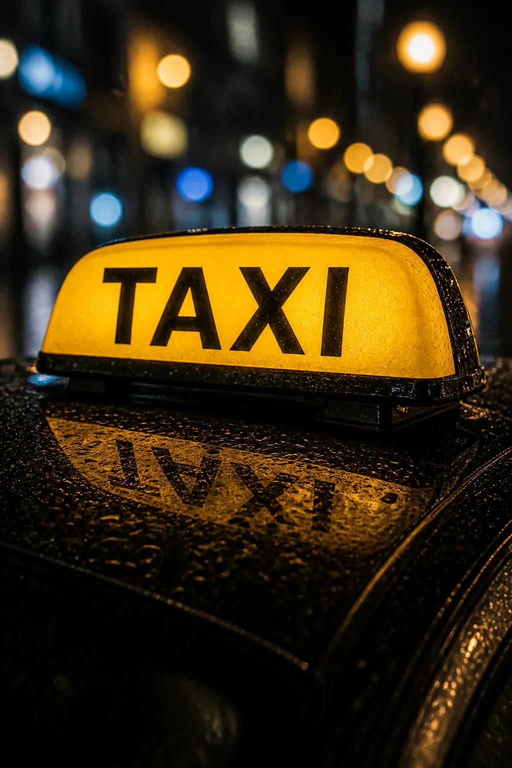 Närbild på en tänd taxiskylt på ett regnvått biltak