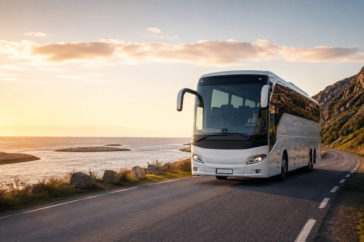 Vit turistbuss på en kustväg i solnedgång