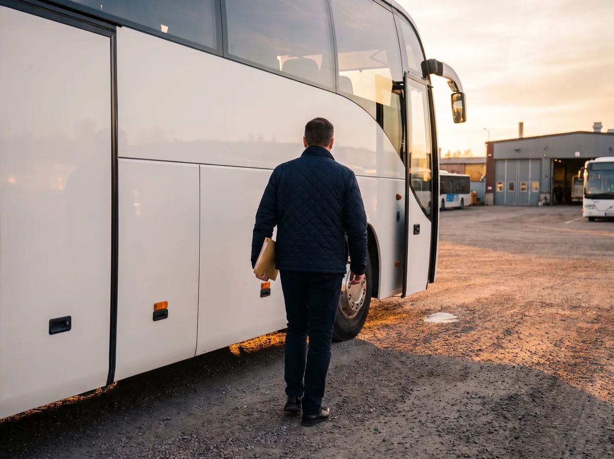 Trafikansvarig konsult går längs en buss mot dörren på ett bussföretags gård