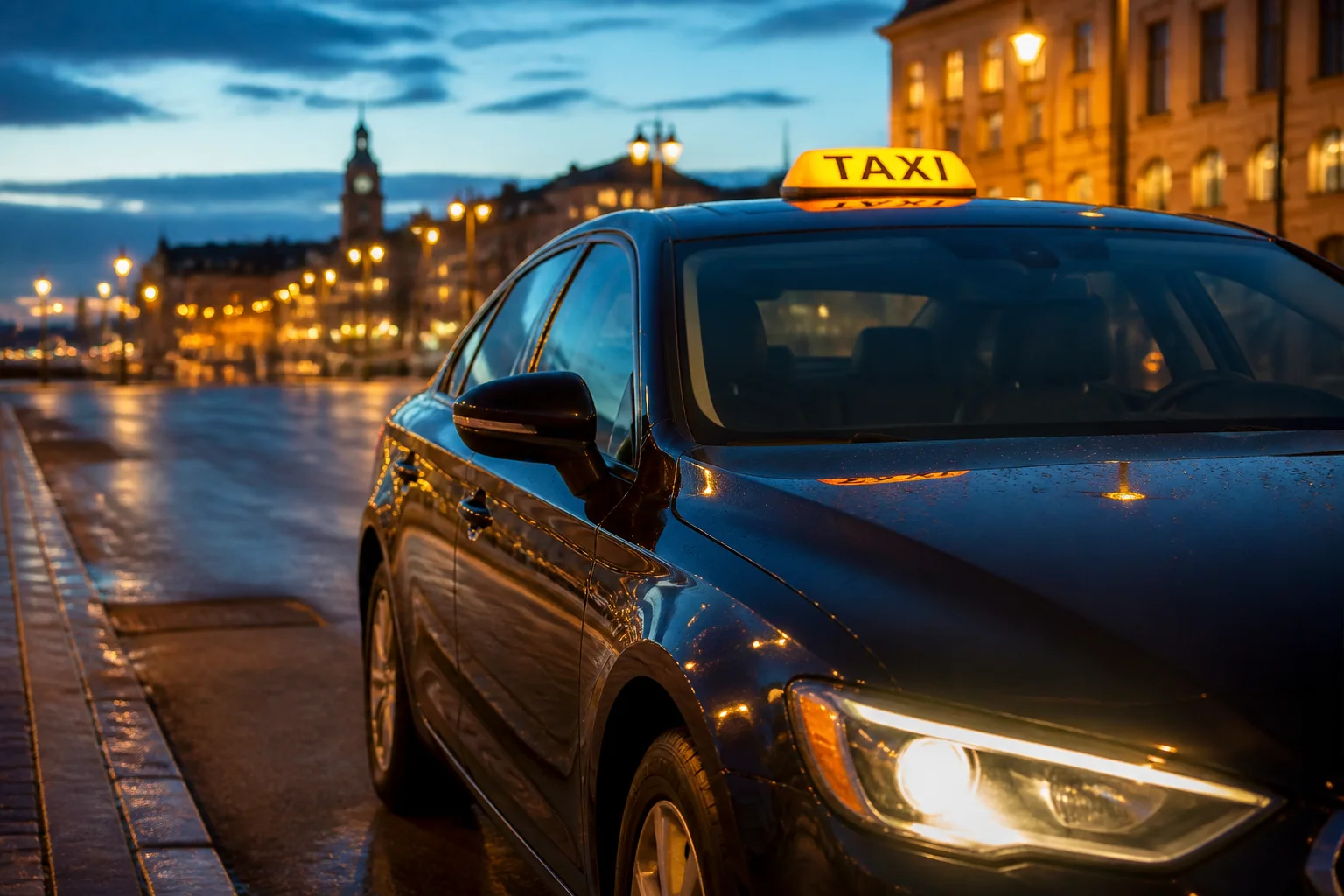 Taxibil med tänd takskylt på en våt gata i skymning